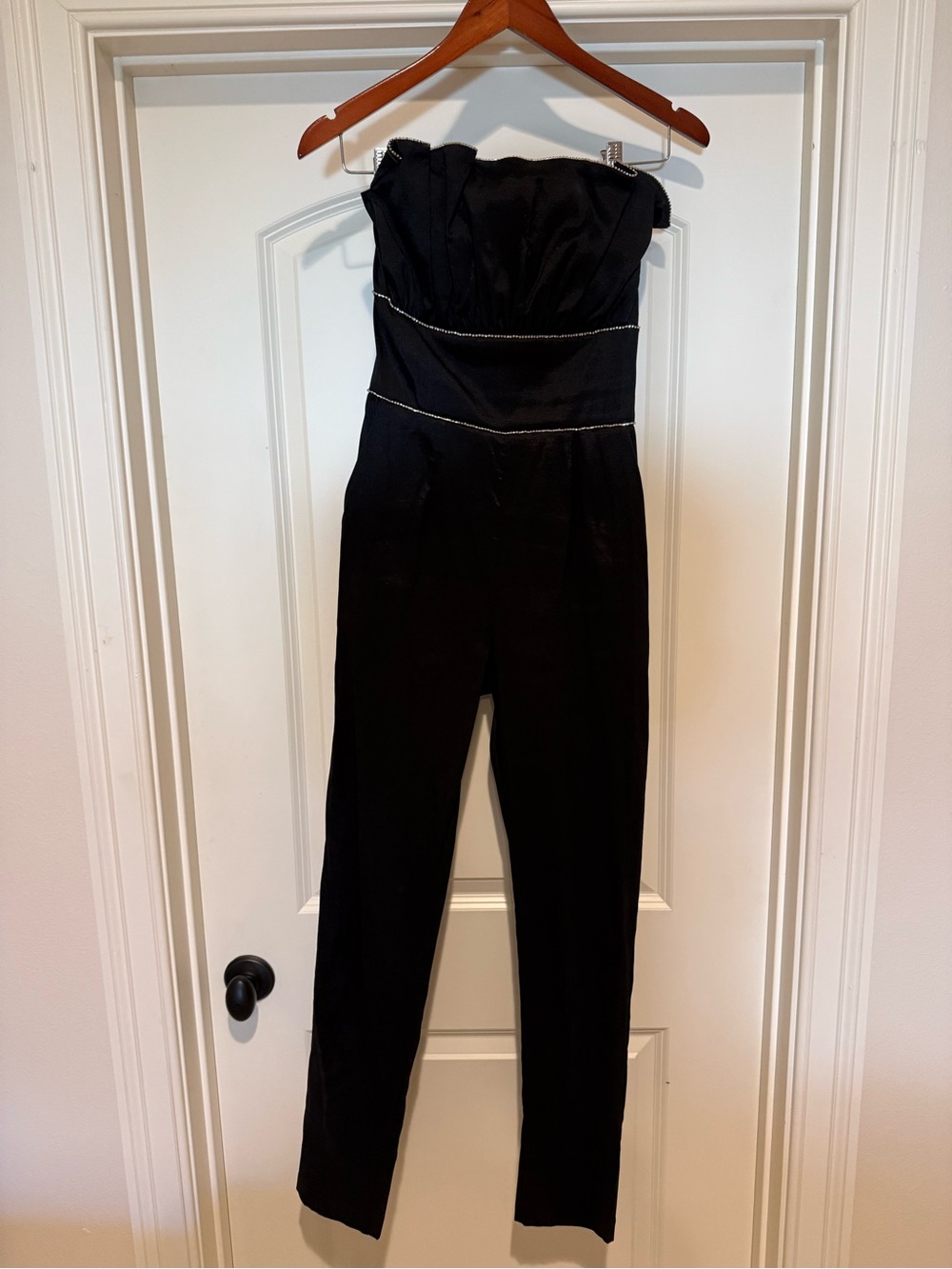 SAYLOR Strapless Black Jumpsuit with Rhinestone Waist Trim
